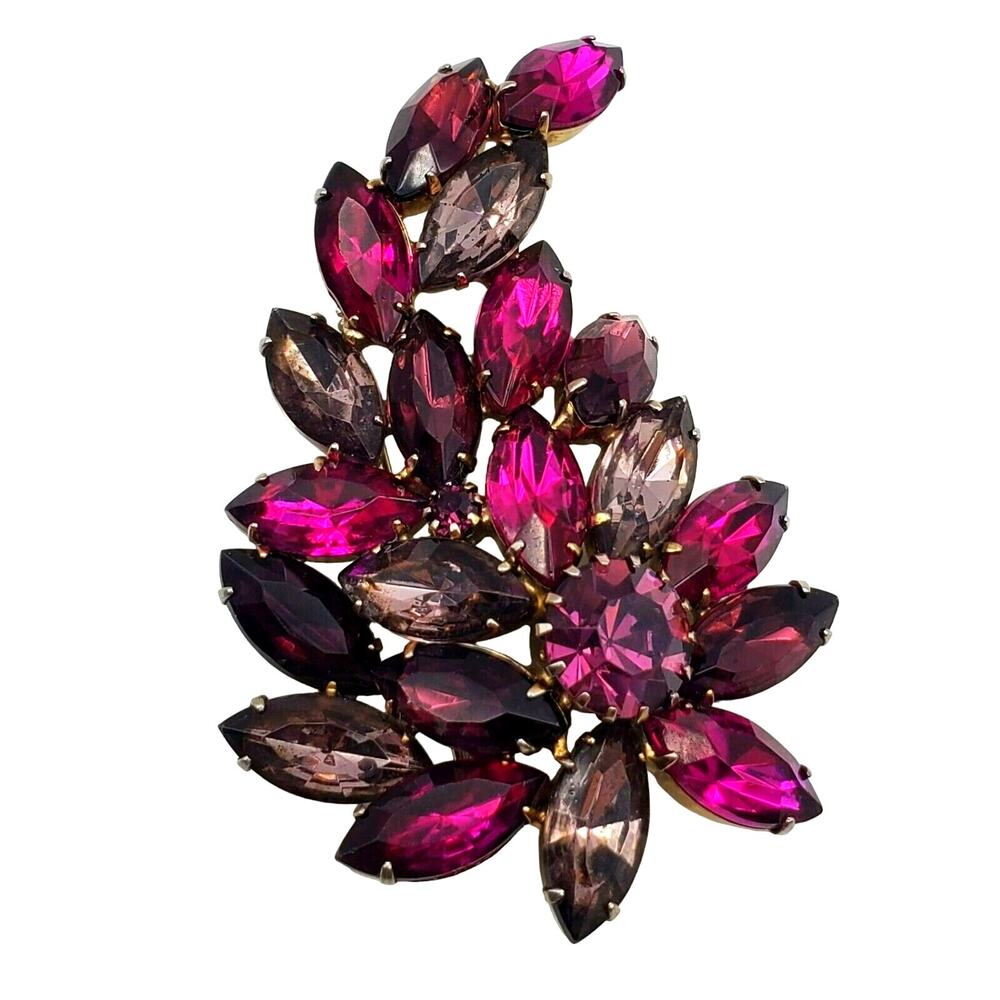 Pink Purple Rhinestone Brooch Flower Spray Pin Navette Showstopper Statement 60s